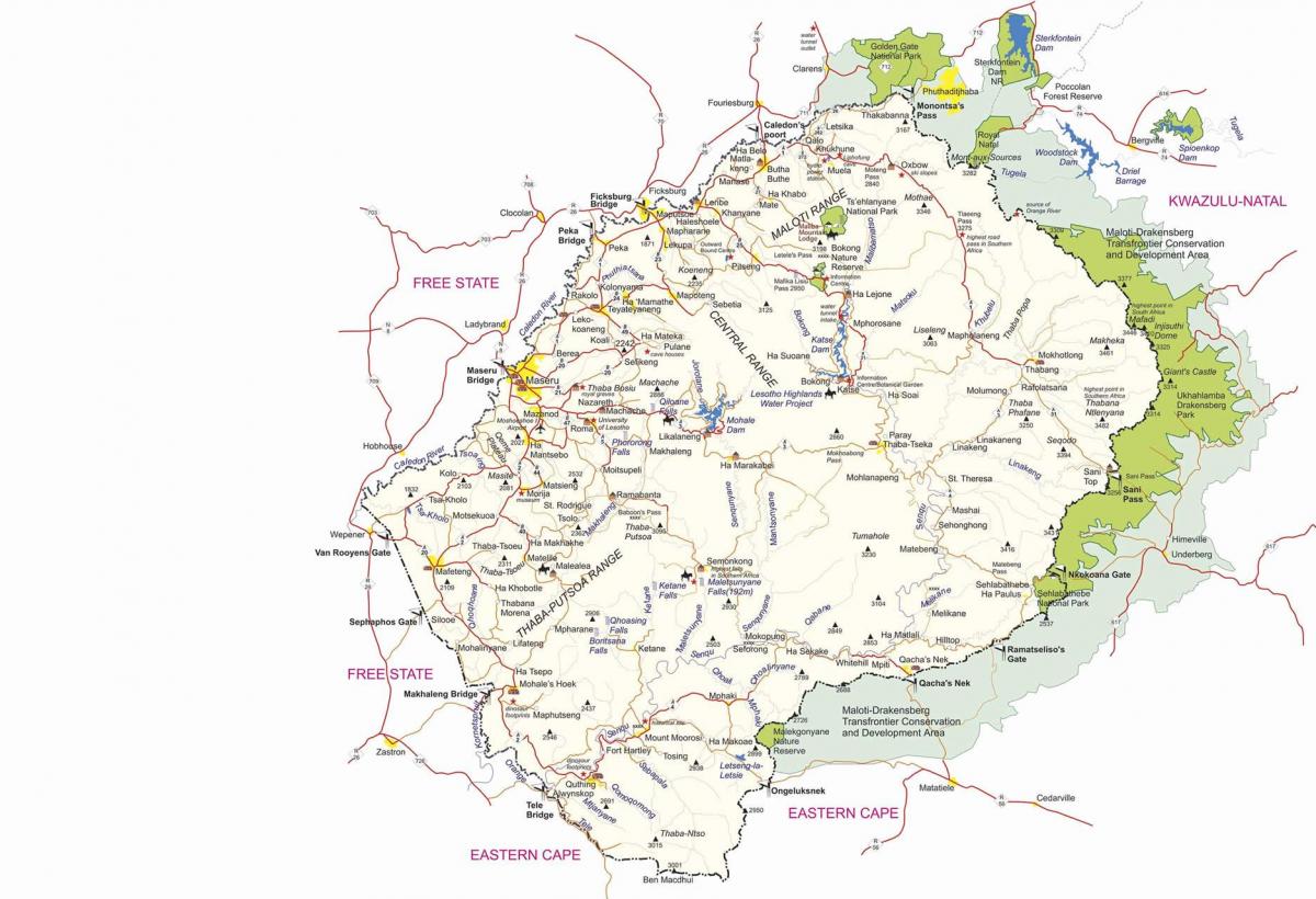 mapa de Lesotho puestos fronterizos