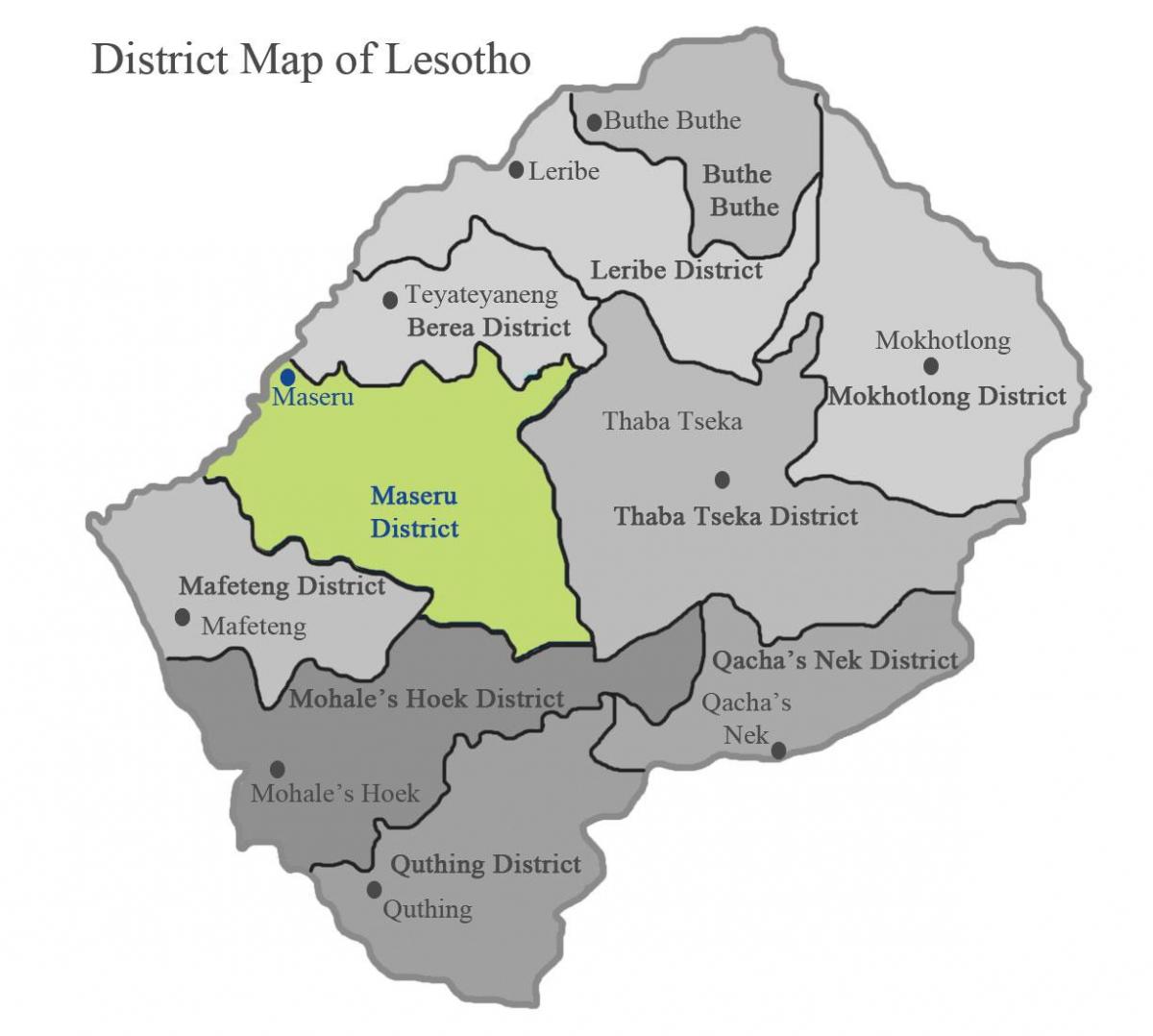 mapa de Lesotho mostrando los distritos